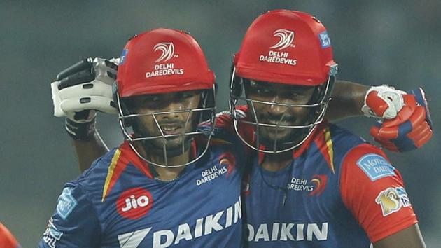 Rishabh Pant (left) and Sanju Samson stitched a 143-run partnership for the second wicket during their 2017 Indian Premier League against Gujarat Lions at the Feroz Shah Kotla in Delhi on Thursday. Catch full cricket score of Delhi Daredevils vs Gujarat Lions here.(BCCI)