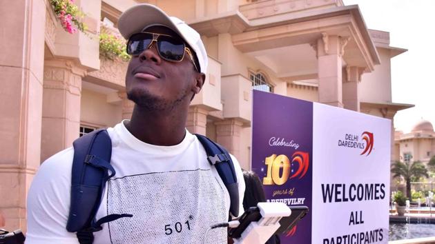 Carlos Brathwaite, Delhi Daredevils’ West Indian batsman, showed his panache for driving -- first by flying the camera drone just before tee off. (delhi daredevils) 