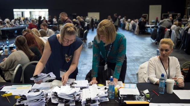 Counting takes place of votes cast in the Manchester Mayoral election at the Central Convention Centre in Manchester, northern England, on May 5, 2017. (AFP) Counting takes place of votes cast in the Manchester Mayoral election at the Central Convention Centre in Manchester, northern England, on May 5, 2017. (AFP)