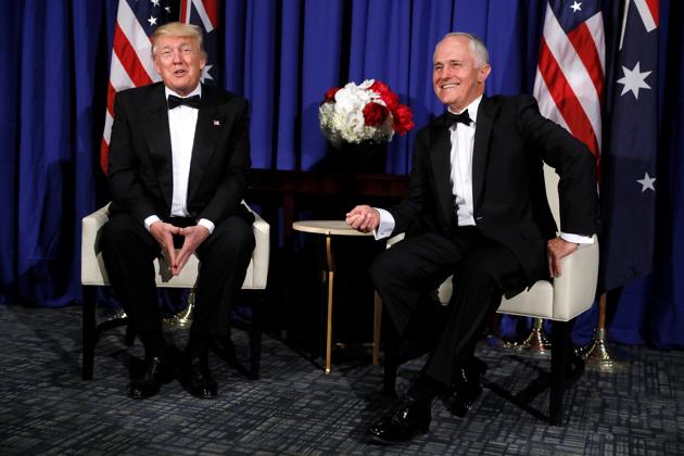 US President Donald Trump meets with Australia's Prime Minister Malcolm Turnbull ahead of an event commemorating the 75th anniversary of the Battle of the Coral Sea, in New York on Friday.(REUTERS) US President Donald Trump meets with Australia's Prime Minister Malcolm Turnbull ahead of an event commemorating the 75th anniversary of the Battle of the Coral Sea, in New York on Friday.(REUTERS)
