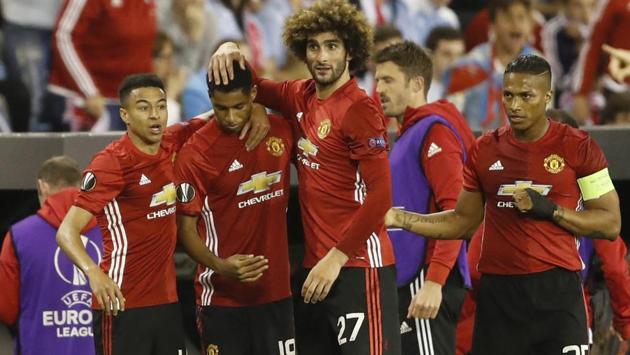 Manchester United's Marcus Rashford (second from left) celebrates scoring against Celta Vigo in UEFA Europa League semi-final.(REUTERS) Manchester United's Marcus Rashford (second from left) celebrates scoring against Celta Vigo in UEFA Europa League semi-final.(REUTERS)