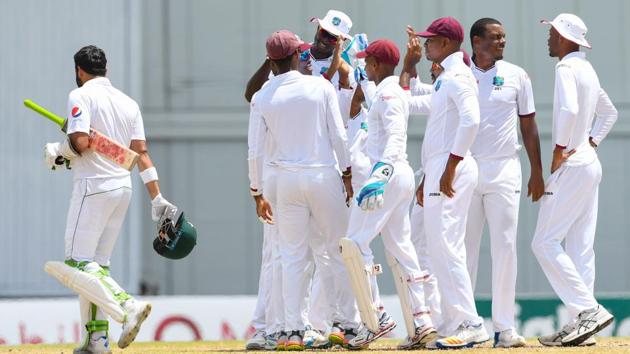 Azhar Ali of Pakistan is dismissed as Shannon Gabriel of West Indies celebrate on Day 5 of the second Test between West Indies and Pakistan at Kensington Oval, Bridgetown, Barbados, Thursday.(AFP)