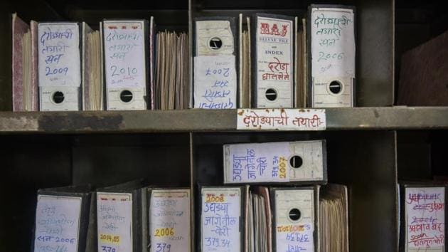 A file rack at the Mumbai police headquarters storing files and police photography. (Kunal Patil/HT Photo) A file rack at the Mumbai police headquarters storing files and police photography. (Kunal Patil/HT Photo)