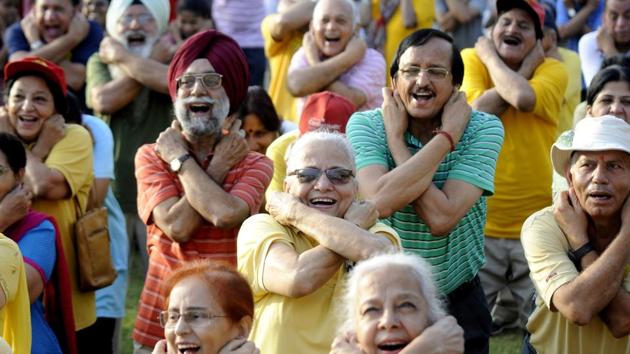 A group of retired army personnel take part in laughing yoga sessions at a park in Noida. The first Sunday of May marks the ‘World Laughter Day’ with yoga sessions being held worldwide. Laughter is medically known to improve our immunity towards diseases by triggering the release of a hormone called ‘endorphins’ which induces a natural feel-good feeling and reduces pain,stress, anxiety and improves mood. (Sunil Ghosh/ht photo) A group of retired army personnel take part in laughing yoga sessions at a park in Noida. The first Sunday of May marks the ‘World Laughter Day’ with yoga sessions being held worldwide. Laughter is medically known to improve our immunity towards diseases by triggering the release of a hormone called ‘endorphins’ which induces a natural feel-good feeling and reduces pain,stress, anxiety and improves mood. (Sunil Ghosh/ht photo)