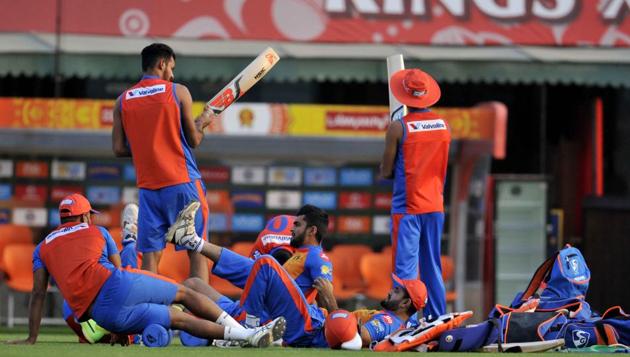 Gujarat Lions during a practice session at Mohali on Saturday, the eve of their IPL match against Kings XI Punjab. (Ravi Kumar/HT)