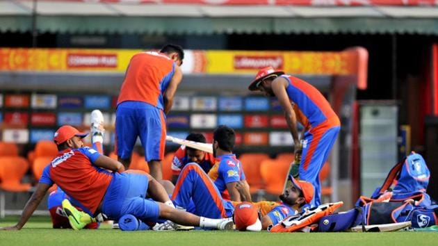 Gujarat Lions during a practice session at Mohali on Saturday, the eve of their IPL match against Kings XI Punjab. (Ravi Kumar/HT)