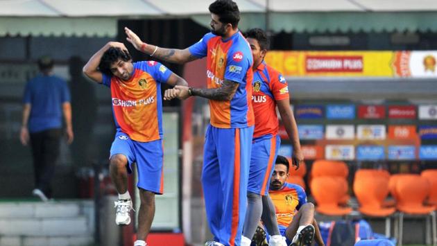 Gujarat Lions during a practice session at Mohali on Saturday, the eve of their IPL match against Kings XI Punjab. (Ravi Kumar/HT)