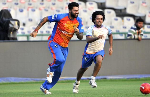 Gujarat Lions during a practice session at Mohali on Saturday, the eve of their IPL match against Kings XI Punjab. (Ravi Kumar/HT)