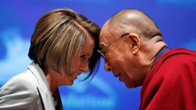 In this file photo, the Dalai Lama greets the then US Speaker of the House Nancy Pelosi during the Tom Lantos Human Rights Prize award ceremony in the Capitol in Washington October 6, 2009.(REUTERS)