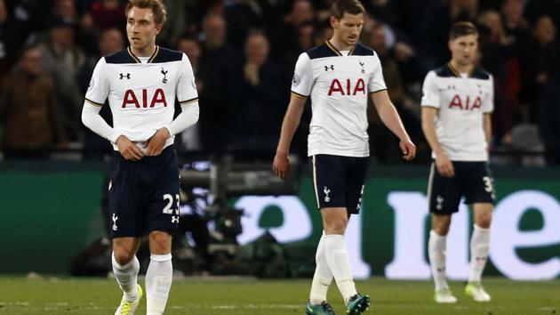 Tottenham Hotspur players leave the field after their Premier League loss to West Ham.(AFP) Tottenham Hotspur players leave the field after their Premier League loss to West Ham.(AFP)