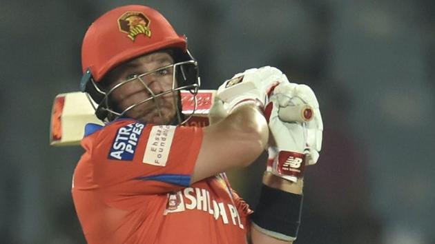 Gujrat Lions (GL) batsman Aaron Finch in action during the Indian Premier League (IPL) match against Delhi Daredevils (DD) at Ferozshah Kotla in New Delhi on Thursday(PTI)