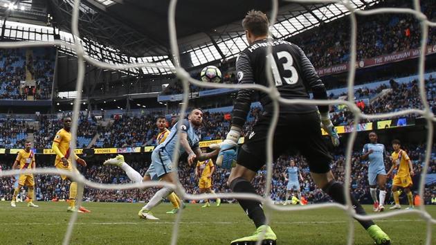 Manchester City F.C's Nicolas Otamendi scores their fifth goal against Crystal Palace during their English Premier League match on Saturday.(REUTERS)