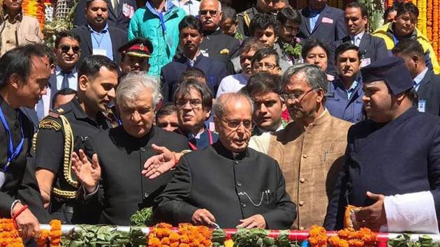 President Pranab Mukherjee outside the Badrinath temple on Saturday.(HT Photo)