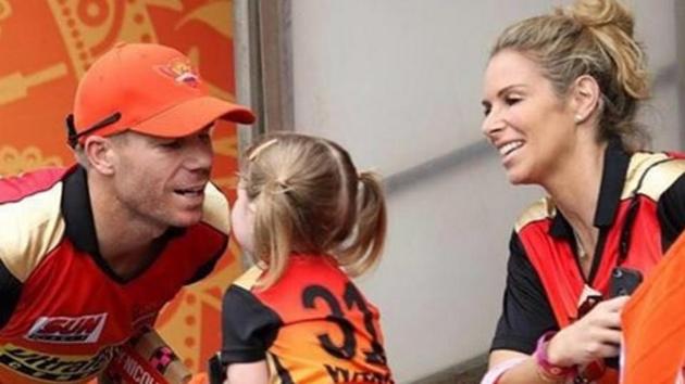 David Warner (L) is pictured alongside daughter Ivy Mae (C) and wife Candice (R) during Sunrisers Hyderabad’s IPL 2017 game against Rising Pune Supergiant on Saturday. (David Warner/Instagram) David Warner (L) is pictured alongside daughter Ivy Mae (C) and wife Candice (R) during Sunrisers Hyderabad’s IPL 2017 game against Rising Pune Supergiant on Saturday. (David Warner/Instagram)
