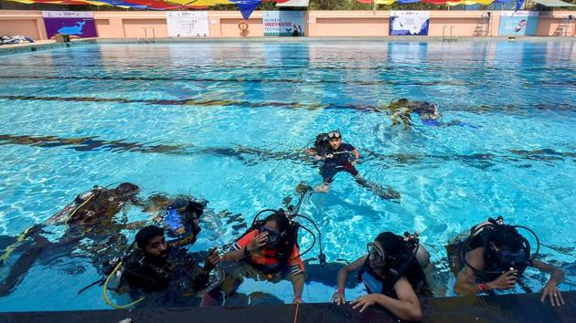 The festival also had a fun and challenging underwater obstacle course in a 17-feet deep pool. (Kunal Patil/HT Photo) 