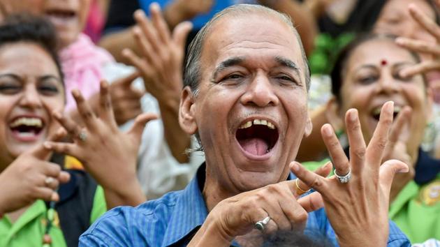 People participate in a laughter club as they celebrate World Laughter Day at the Nana Nani Park in Girgaon Chowpatty, in Mumbai. (Kunal Patil/HT Photo)