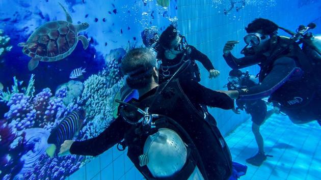 The events included Octopush or underwater hockey, slacklining or tricklining, skateboarding or spikeball, all underwater. (Kunal Patil/HT Photo) 
