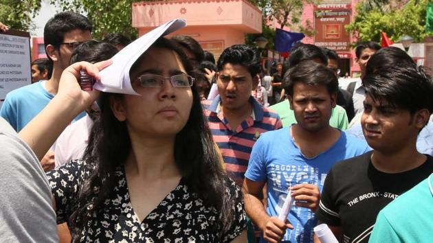 Students come out after appearing for NEET in Jaipur on Sunday. (Himanshu Vyas/HT Photo) Students come out after appearing for NEET in Jaipur on Sunday. (Himanshu Vyas/HT Photo)