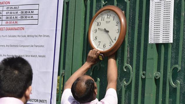 Clocks at exam centres will be synced with the CBSE website’s time. (Raj K Raj/HT PHOTO) Clocks at exam centres will be synced with the CBSE website’s time. (Raj K Raj/HT PHOTO)
