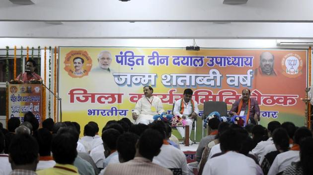 At a workshop for BJP workers held in a city school, the party’s national organising secretary advised workers to exercise restraint. (Sunil Ghosh/HT Photo) At a workshop for BJP workers held in a city school, the party’s national organising secretary advised workers to exercise restraint. (Sunil Ghosh/HT Photo)