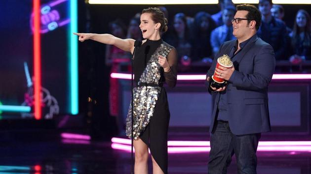 Actors Emma Watson and Josh Gad during their acceptance speech after their film Beauty and the Beast was given the Movie of the Year award. (AFP) Actors Emma Watson and Josh Gad during their acceptance speech after their film Beauty and the Beast was given the Movie of the Year award. (AFP)