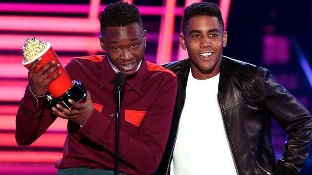 Actors Ashton Sanders (left) and Jharrel Jerome accept the Best Kiss award for Moonlight at the glittering awards ceremony. (AFP) Actors Ashton Sanders (left) and Jharrel Jerome accept the Best Kiss award for Moonlight at the glittering awards ceremony. (AFP)