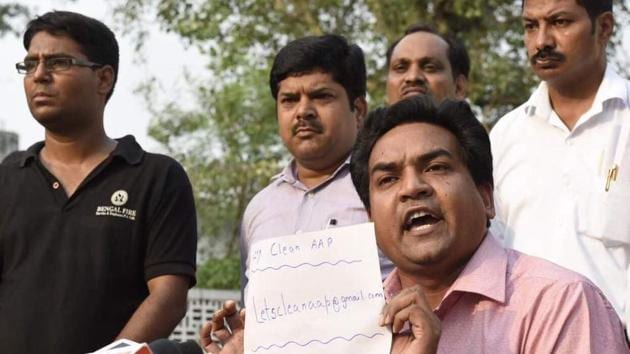 Former AAP minister Kapil Mishra holds a press conference at his residence on Monday.(Saumya Khandelwal / HT Photo)