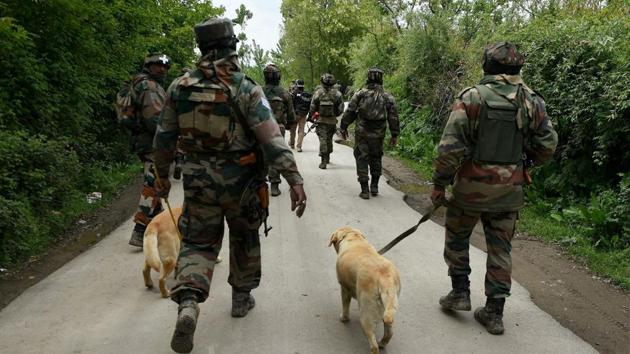 Army soldiers conducting a search operation in Shopian district of South Kashmir on May 4, 2017, after receiving a tip off about militant movement in the area.(PTI Photo)