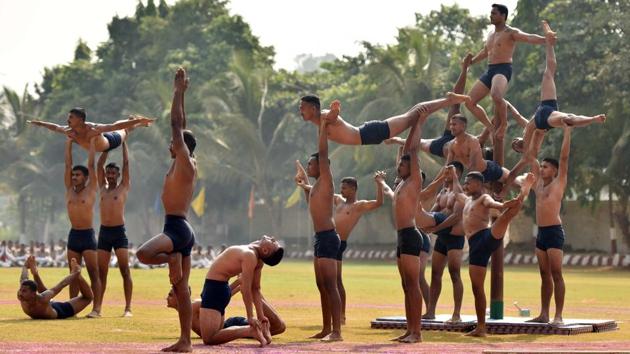 Members of the Mallakhamb squad perform. (Pratham Gokhale/HT Photo) 
