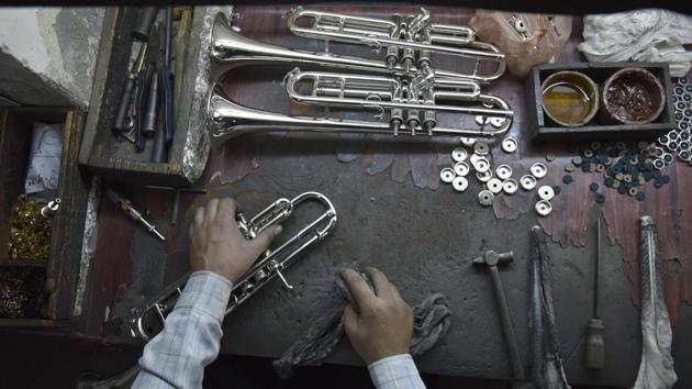 Brass trumpet valves being fit before final assembly of the instrument. (Ravi Choudhary/HT PHOTO) Brass trumpet valves being fit before final assembly of the instrument. (Ravi Choudhary/HT PHOTO)