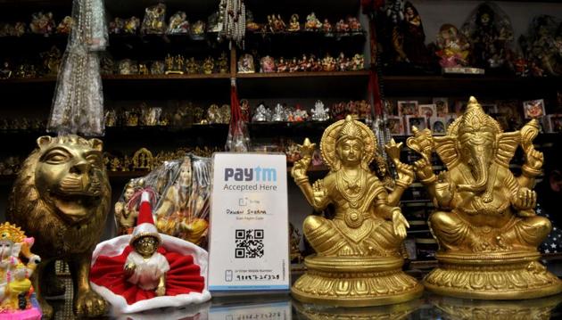 A Paytm barcode in a idol shop near the temple in sector 20 Chandigarh. (HT Archive) A Paytm barcode in a idol shop near the temple in sector 20 Chandigarh. (HT Archive)