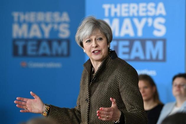 Britain's Prime Minister Theresa May addresses Conservative parliamentary candidates for London and the south east at the Dhamecha Lohana Centre in Harrow, north west London on May 8. (Reuters) Britain's Prime Minister Theresa May addresses Conservative parliamentary candidates for London and the south east at the Dhamecha Lohana Centre in Harrow, north west London on May 8. (Reuters)