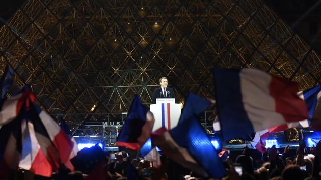 Newly elected French President Emmanuel Macron is seen delivering a speech in front of the Pyramid at the Louvre Museum in Paris. (Eric Feferberg/AFP) Newly elected French President Emmanuel Macron is seen delivering a speech in front of the Pyramid at the Louvre Museum in Paris. (Eric Feferberg/AFP)