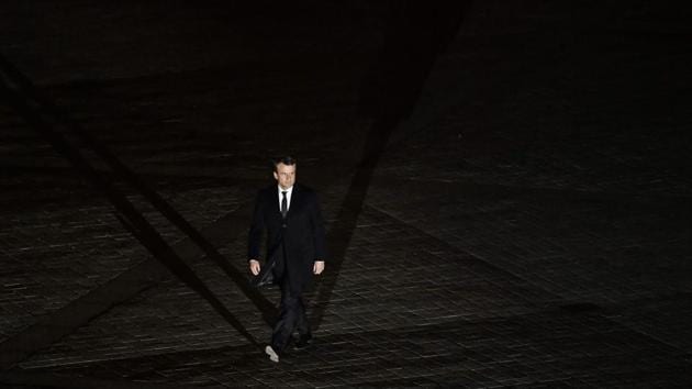 Macron walked on to the stage to the strains of “Ode to Joy”, the anthem of the beleaguered European Union that he has promised to strengthen after Britain’s impending exit. (Philippe Lopez/AFP) Macron walked on to the stage to the strains of “Ode to Joy”, the anthem of the beleaguered European Union that he has promised to strengthen after Britain’s impending exit. (Philippe Lopez/AFP)