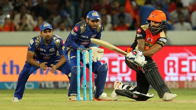 Shikhar Dhawan guided the Sunrisers Hyderabad to a seven-wicket win over Mumbai Indians in IPL 2017 at the Rajiv Gandhi International Stadium in Hyderabad on Monday. Catch full cricket score of Sunrisers Hyderabad vs Mumbai Indians here.(BCCI)