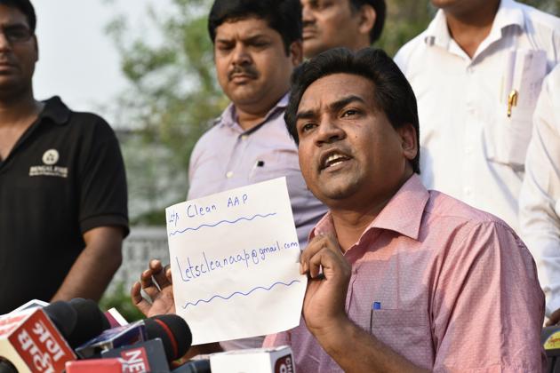Former minister Kapil Mishra at a press conference at his residence in New Delhi on Monday.(Saumya Khandelwal/HT PHOTO)