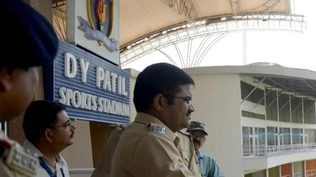 A police inspector surveys DY Patil stadium ahead of Bieber’s show on Wednesday. (Bachchan Kumar) A police inspector surveys DY Patil stadium ahead of Bieber’s show on Wednesday. (Bachchan Kumar)