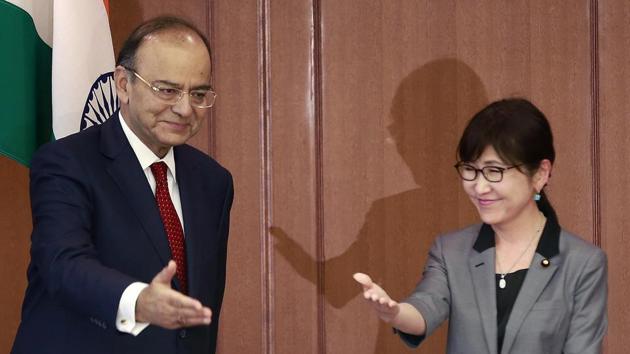 Defense minister Arun Jaitley, left, is greeted by his Japanese counterpart Tomomi Inada prior to their meeting at Defense Ministry in Tokyo on May 8. (AP Photo) Defense minister Arun Jaitley, left, is greeted by his Japanese counterpart Tomomi Inada prior to their meeting at Defense Ministry in Tokyo on May 8. (AP Photo)