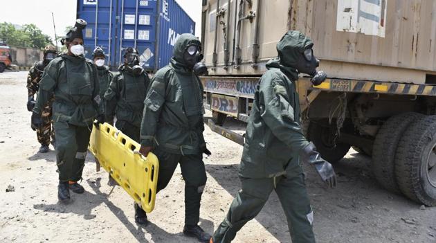 NDRF personnel at the site of gas leak. 475 students were hospitalised after a gas leak at the container depot in Tughlakabad near Rani Jhansi Sarvodaya Kanya Vidyalaya on Saturday. (Saumya Khandelwal/HT FILE) NDRF personnel at the site of gas leak. 475 students were hospitalised after a gas leak at the container depot in Tughlakabad near Rani Jhansi Sarvodaya Kanya Vidyalaya on Saturday. (Saumya Khandelwal/HT FILE)