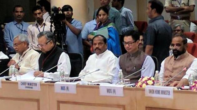 Union Home Minister Rajnath Singh presides over a meeting with the Chief MInisters of LWE affected states at Vigyan Bhawan in New Delhi (HT Photo) Union Home Minister Rajnath Singh presides over a meeting with the Chief MInisters of LWE affected states at Vigyan Bhawan in New Delhi (HT Photo)