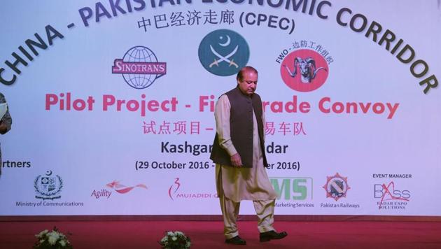 Pakistan's Prime Minister Nawaz Sharif leaves the stage after speaking at a ceremony in Gwadar port, some 700 kms west of Karachi on November 13, 2016. Pakistan's Prime Minister Nawaz Sharif on November 13 opened a trade route linking the southwestern post of Gwadar to the Chinese city of Kashgar as part of a joint multi-billion-dollar project to jumpstart economic growth in the South Asian country. (AFP) Pakistan's Prime Minister Nawaz Sharif leaves the stage after speaking at a ceremony in Gwadar port, some 700 kms west of Karachi on November 13, 2016. Pakistan's Prime Minister Nawaz Sharif on November 13 opened a trade route linking the southwestern post of Gwadar to the Chinese city of Kashgar as part of a joint multi-billion-dollar project to jumpstart economic growth in the South Asian country. (AFP)