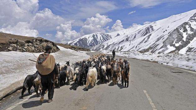 With North India reeling under a heat wave, the higher reaches of the Indian Himalayas such as the Pir Panjal ranges still shelter snow.  (Waseem Andrabi/HT Photo) 