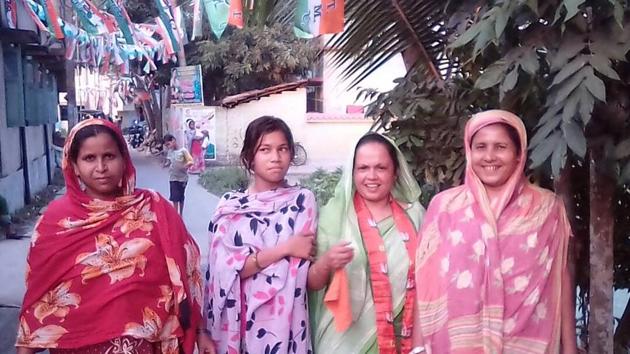 In ward 7 of Domkal municipality where Sabina Bibi (in green sari) is the BJP candidate only, 100 voters out of a total 4,500 are Hindus. (HT Photo) In ward 7 of Domkal municipality where Sabina Bibi (in green sari) is the BJP candidate only, 100 voters out of a total 4,500 are Hindus. (HT Photo)