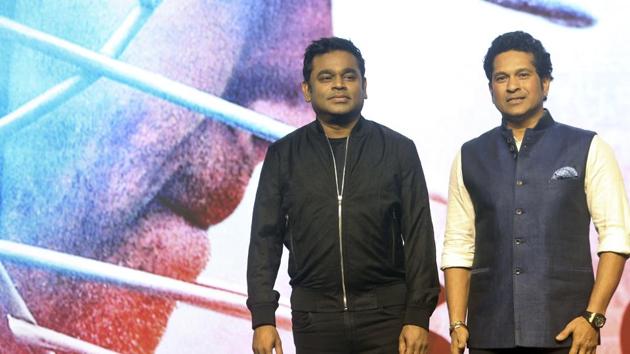 Sachin Tendulkar (R) with music composer AR Rahman during the launch of the anthem, ‘Sachin Sachin’, a song from his docu-drama 'Sachin: A Billion Dreams' in Mumbai on Tuesday.(AP)