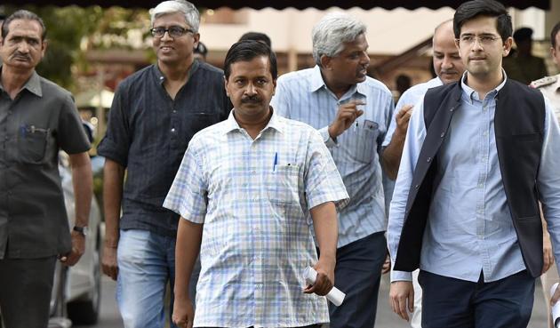 Delhi chief minister Arvind Kejriwal (in front) walking out of Election Commission’s office with other AAP leaders in April this year. (Sonu Mehta/HT Photo) Delhi chief minister Arvind Kejriwal (in front) walking out of Election Commission’s office with other AAP leaders in April this year. (Sonu Mehta/HT Photo)