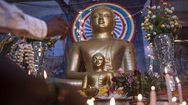 A monastery altar with deities of Lord Buddha at Anand Bahujan Vihar Trust, Naigaum, Parel in Mumbai. (Satish Bate/HT Photo) 