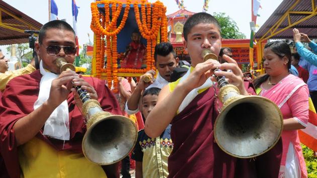 Buddhist monks during a procession on Budha Purnima at Nepal house premises in Ranchi, India. (Diwakar Prasad/ HT Photo) 