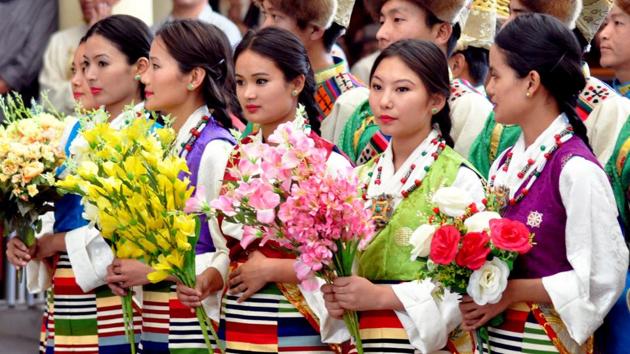 Tibetan artistes in during a public event to felicitate a group from US Congress delegation at the Tsuglagkhang temple in Dharamsala on Wednesday.  (Shyam Sharma/HT photo) 