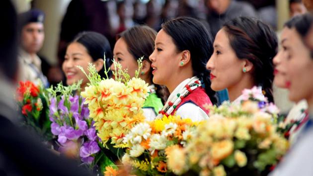 Tibetan artistes during a public event to felicitate a group from US Congress delegation at the Tsuglagkhang temple in Dharamsala on Wednesday.  (Shyam Sharma/HT photo) 