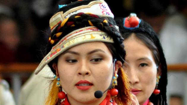 Tibetan artistes perform a song during a public event to felicitate a group from US Congress delegation at the Tsuglagkhang temple in Dharamsala on Wednesday.  (Shyam Sharma/HT photo) 